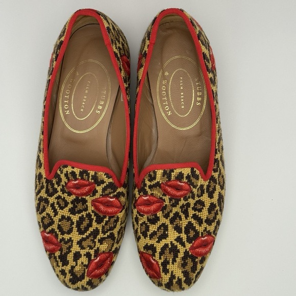 Stubbs & Wootton Shoes - Stubbs & Wootton Women's Leopard Needlepoint Red Lips Red Trim Loafers Shoe 7.5